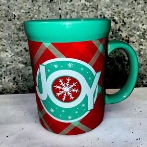 DesignPac “JOY” Christmas Holiday coffee mug Red & green plaid Stoneware 14 oz.